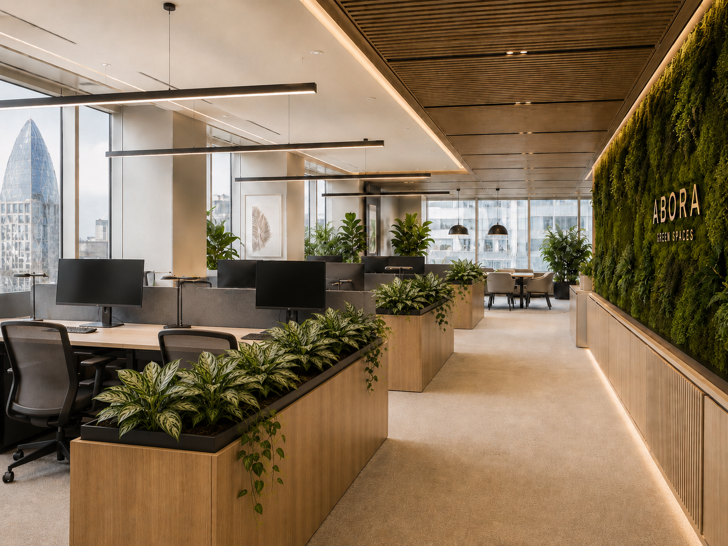 Inspired biophilic office with living moss wall